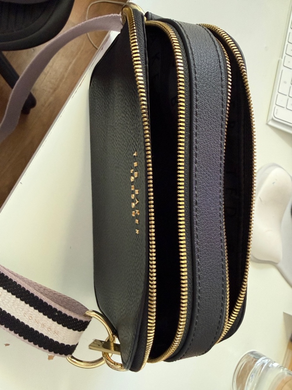 Ted Baker Black Pebbled Leather Crossbody with Pink and Black Striped Strap - Picture 6 of 7